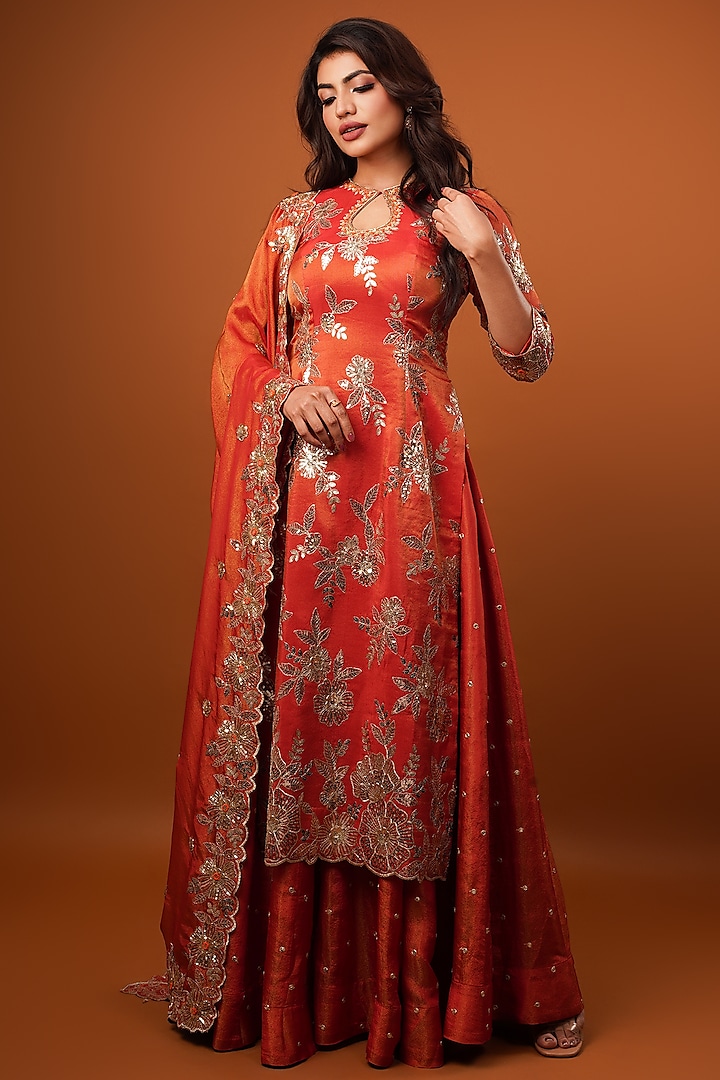 Rust-Gold Tissue Sequins Embroidered Kurta Set by Krishna Padia at Pernia's Pop Up Shop