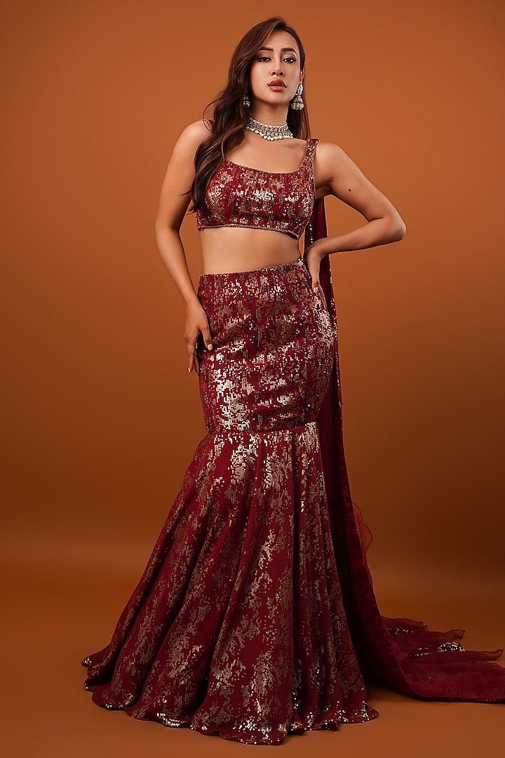 Maroon Georgette Sequins Embroidered Mermaid Lehenga Set by Krishna Padia