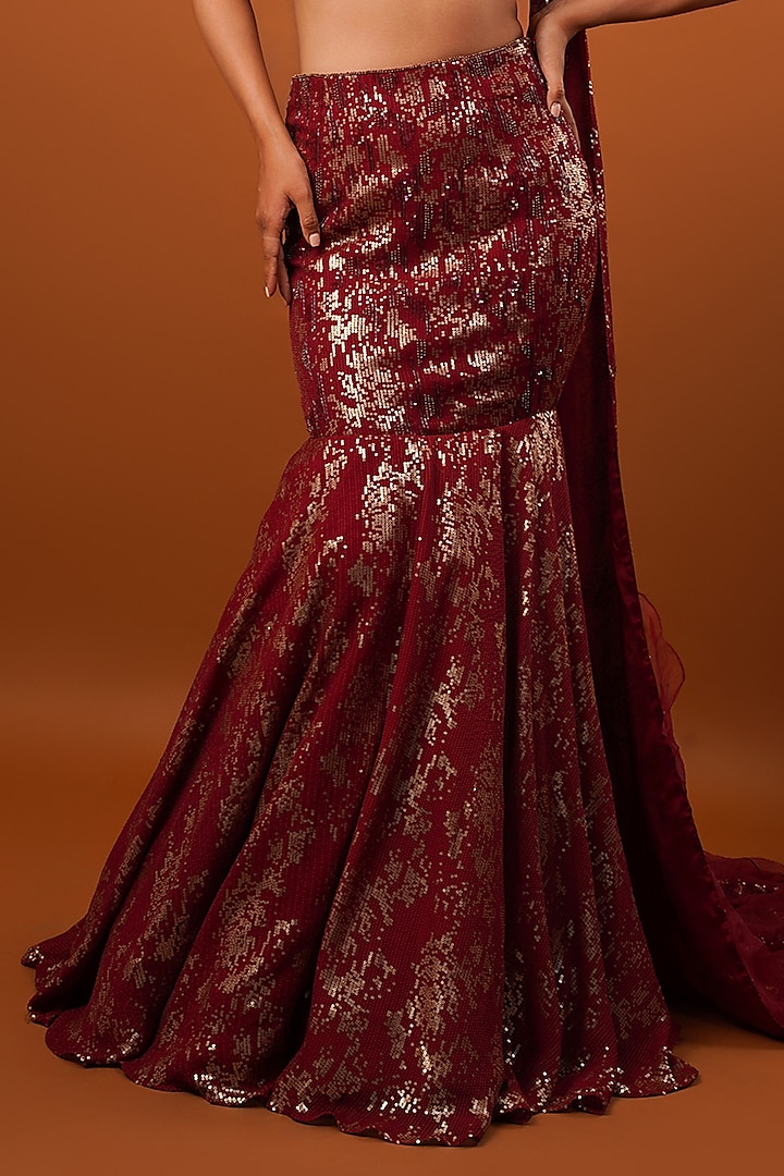 Maroon Georgette Sequins Embroidered Mermaid Wedding Lehenga Set by Krishna Padia at Pernia's Pop Up Shop