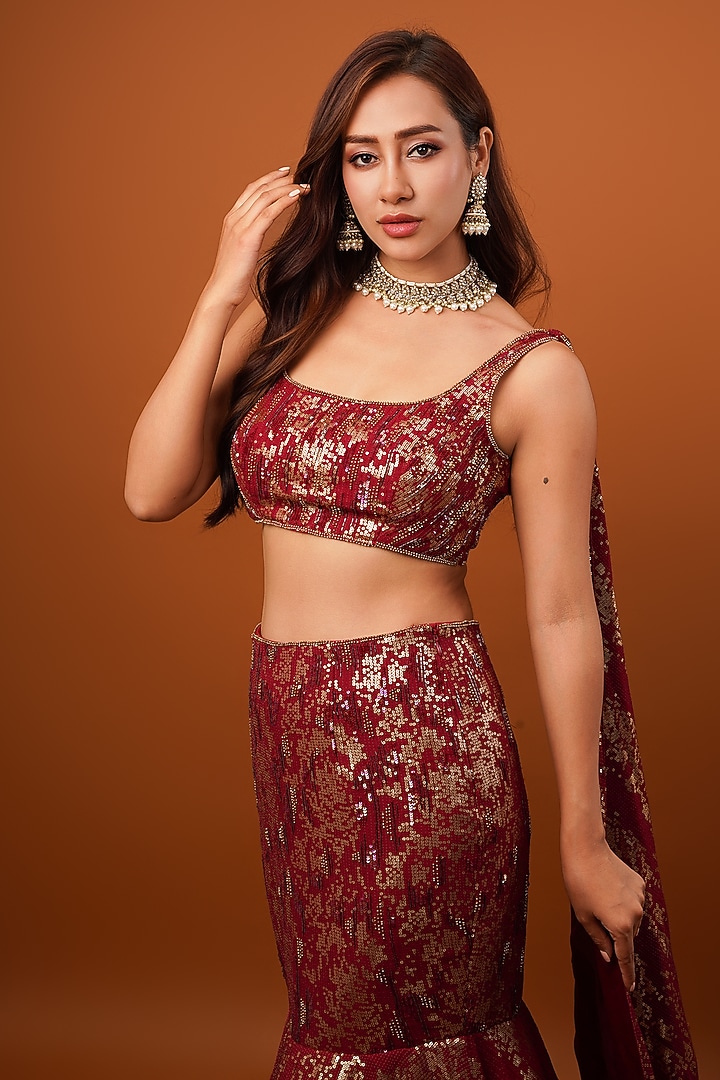 Maroon Georgette Sequins Embroidered Mermaid Wedding Lehenga Set by Krishna Padia at Pernia's Pop Up Shop