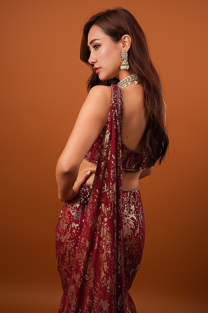 Maroon Georgette Sequins Embroidered Mermaid Wedding Lehenga Set by Krishna Padia at Pernia's Pop Up Shop