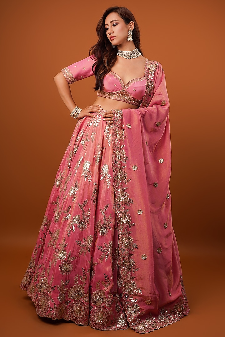 Pink-Gold Tissue Sequins Embroidered Wedding Lehenga Set by Krishna Padia at Pernia's Pop Up Shop