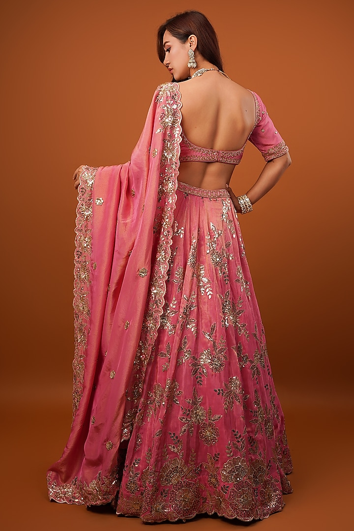Light Pink Thread Embroidered Gold Crush Lehenga Set For Wedding