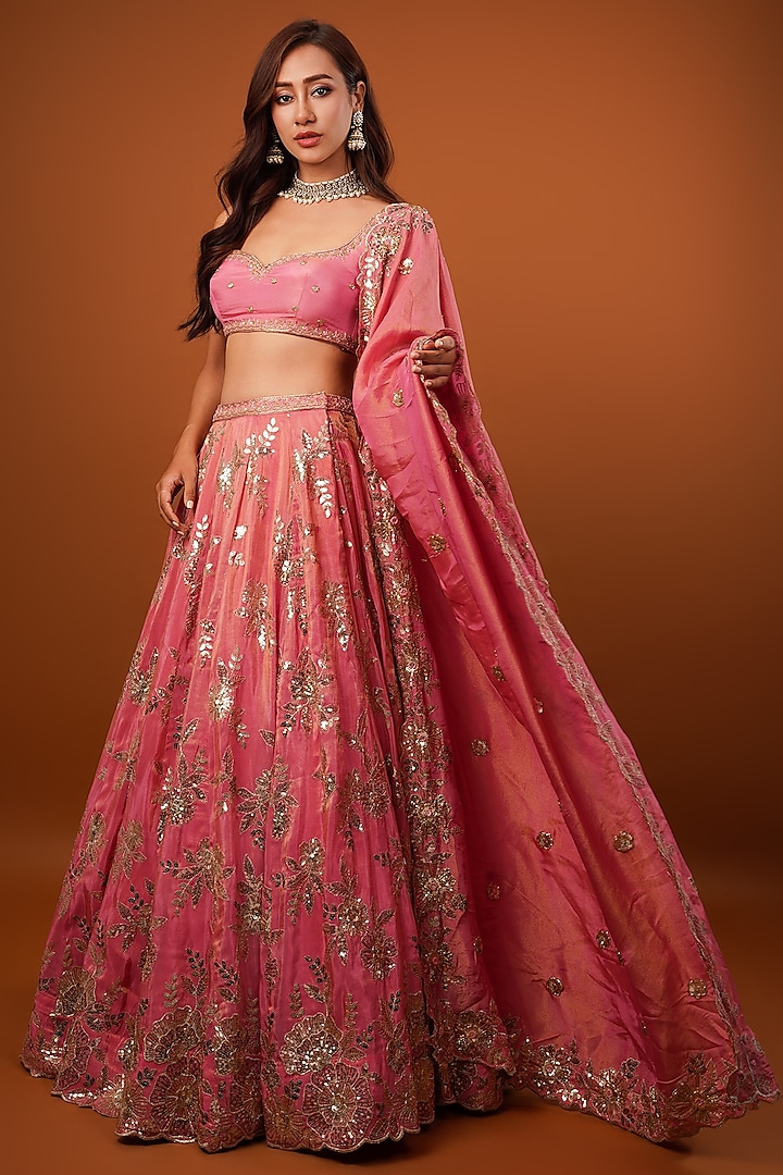 Pink-Gold Tissue Sequins Embroidered Lehenga Set by Krishna Padia