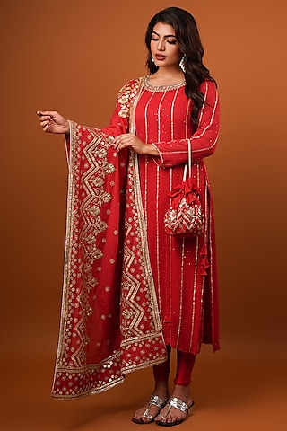 Cherry Red Georgette Gota Patti Work Kurta Set by Krishna Padia