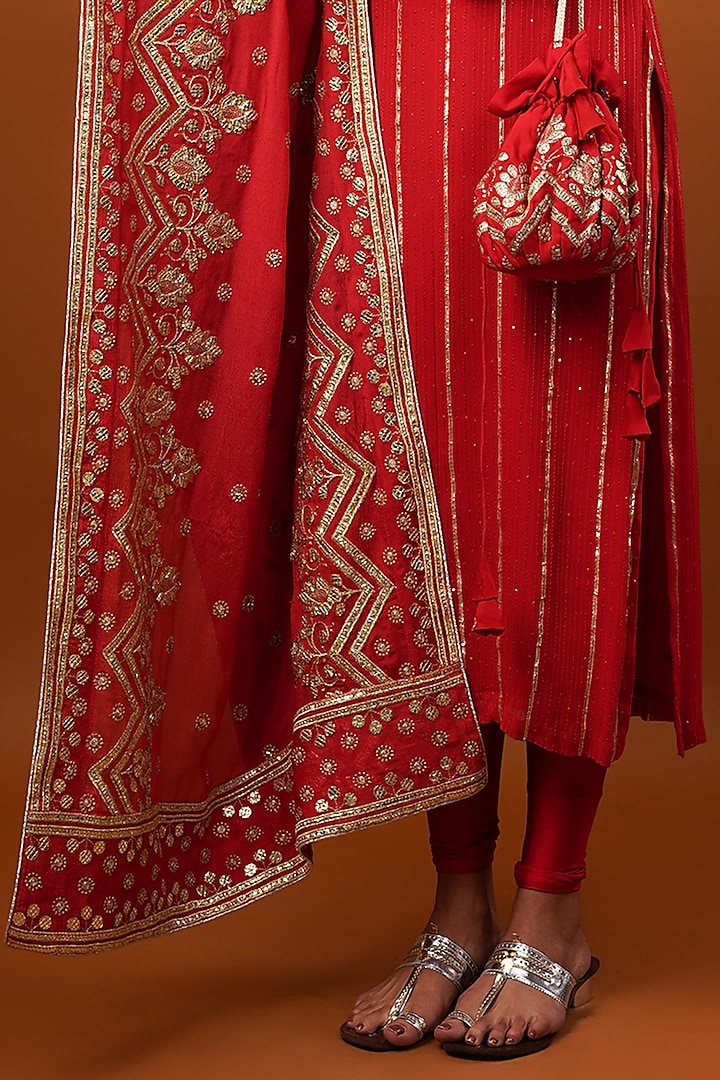 Cherry Red Georgette Gota Patti Work Kurta Set by Krishna Padia at Pernia's Pop Up Shop