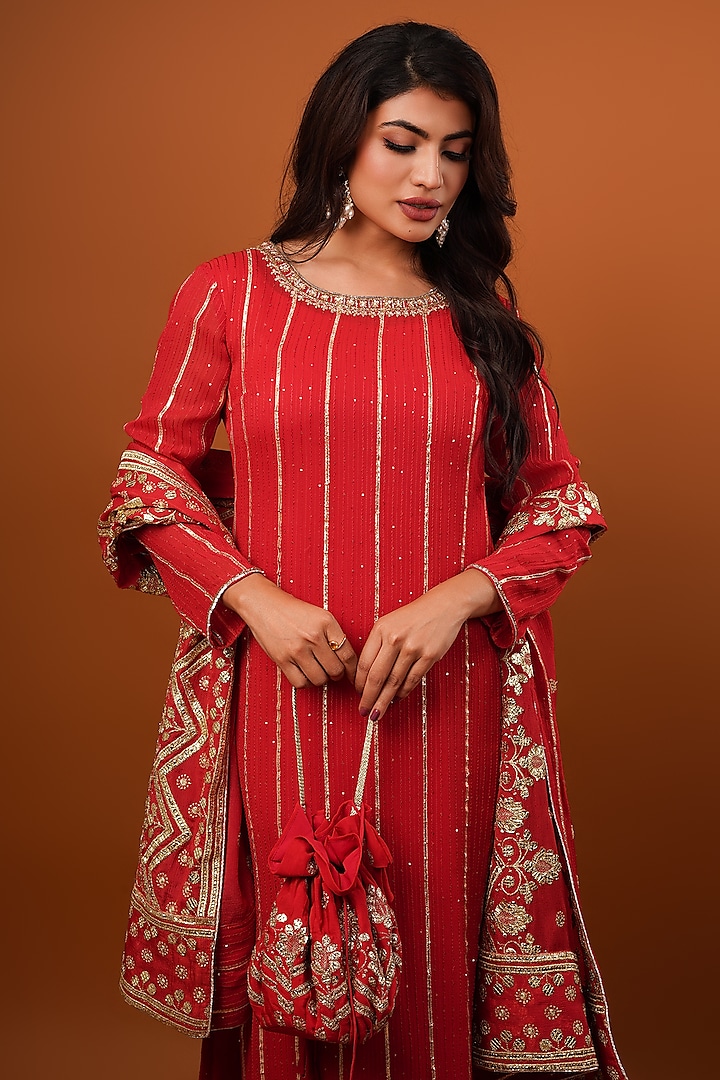 Cherry Red Georgette Gota Patti Work Kurta Set by Krishna Padia at Pernia's Pop Up Shop
