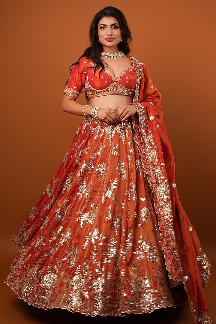 Rust-Gold Tissue Sequins Embroidered Lehenga Set by Krishna Padia