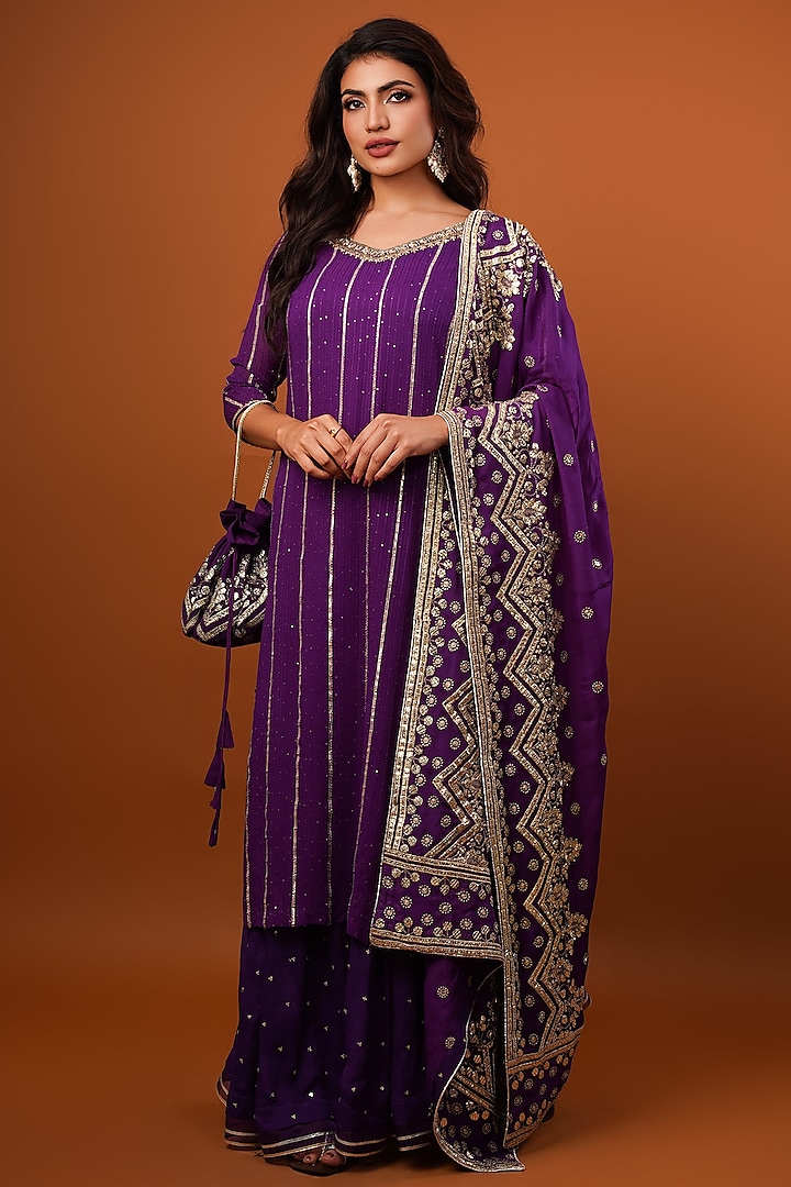 Purple Georgette Gota Patti Work Kurta Set by Krishna Padia