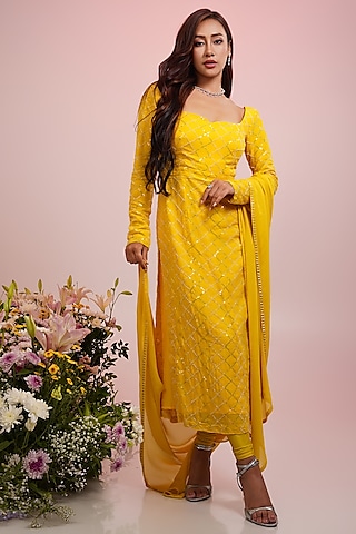 Yellow Georgette Embroidered Kurta Set by Krishna Padia