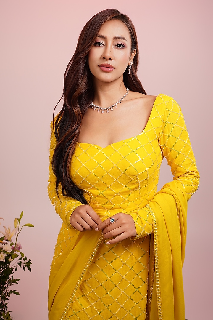 Yellow Georgette Embroidered Kurta Set by Krishna Padia at Pernia's Pop Up Shop