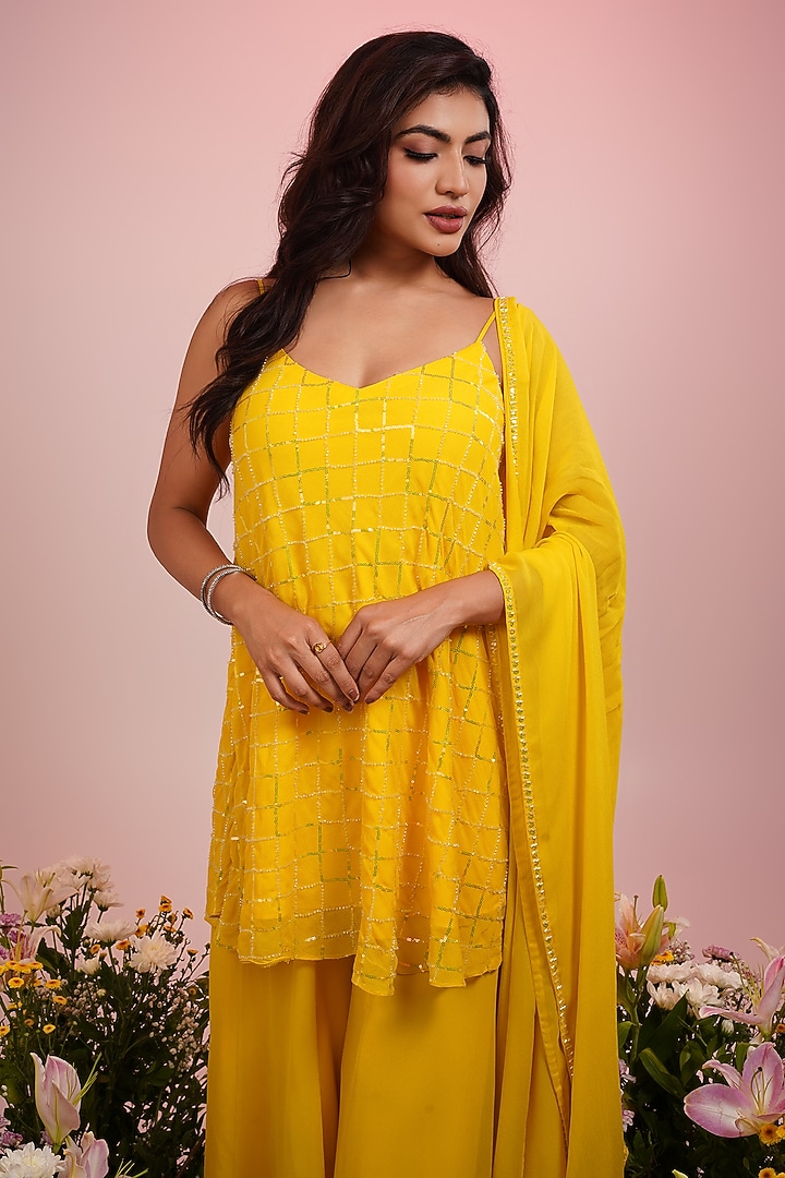 Yellow Georgette Wedding Sharara Set by Krishna Padia at Pernia's Pop Up Shop