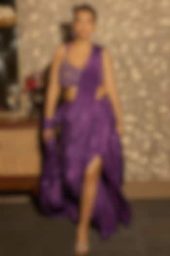 Violet Soft Crepe Pre-Draped Wedding Saree Set by Krishna Padia at Pernia's Pop Up Shop