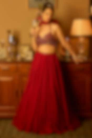 Maroon Soft Organza Wedding Lehenga Set by Krishna Padia at Pernia's Pop Up Shop