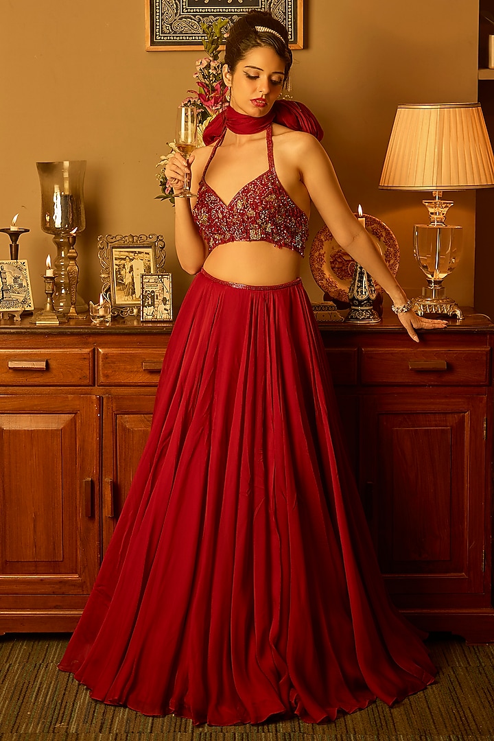 Maroon Soft Organza Wedding Lehenga Set by Krishna Padia at Pernia's Pop Up Shop