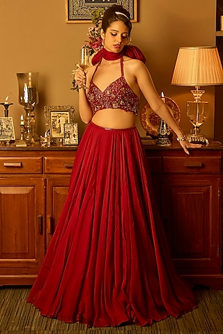 Maroon Soft Organza Lehenga Set by Krishna Padia
