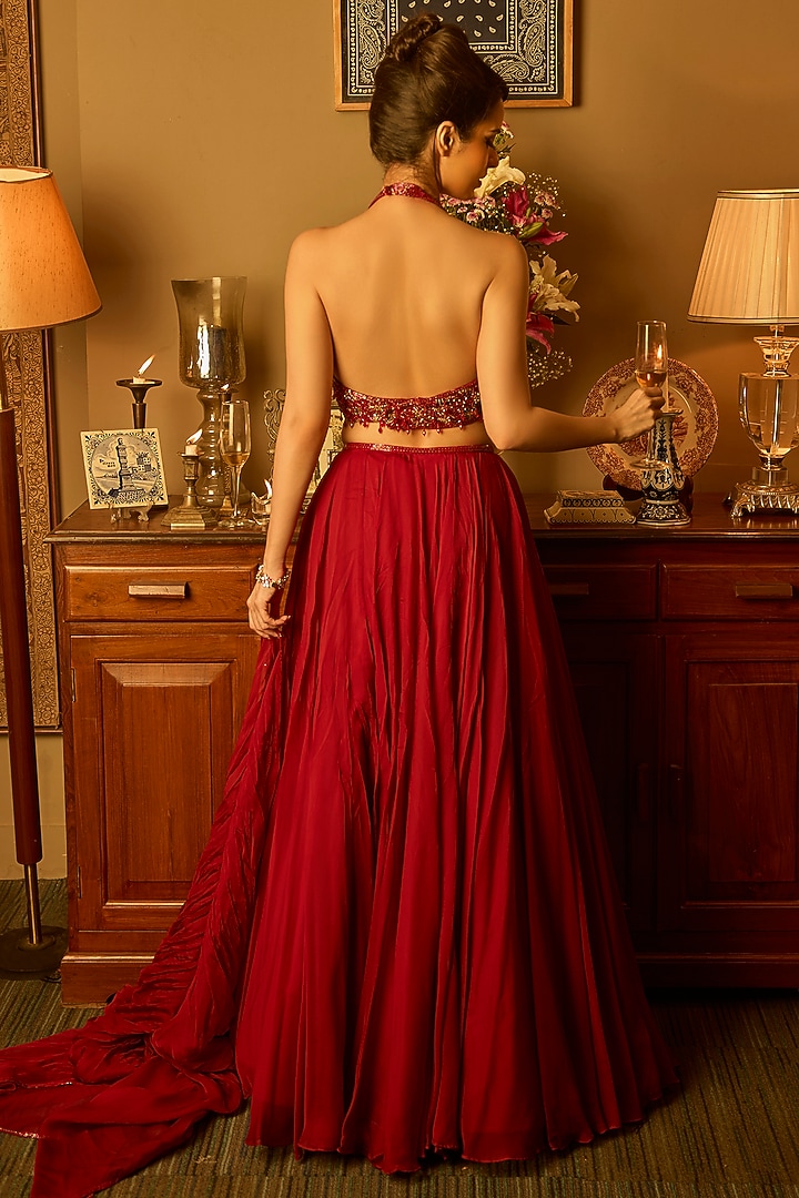 Maroon Soft Organza Wedding Lehenga Set by Krishna Padia at Pernia's Pop Up Shop