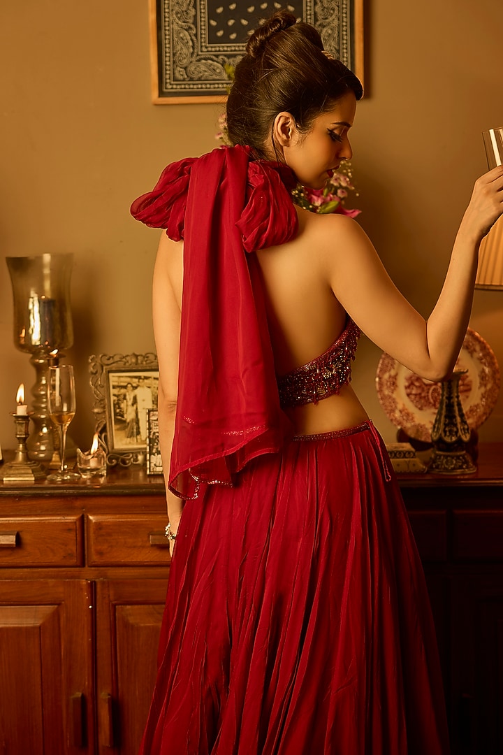 Maroon Soft Organza Wedding Lehenga Set by Krishna Padia at Pernia's Pop Up Shop