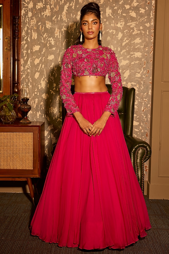 Fuchsia Pink Soft Organza Wedding Lehenga Set by Krishna Padia at Pernia's Pop Up Shop