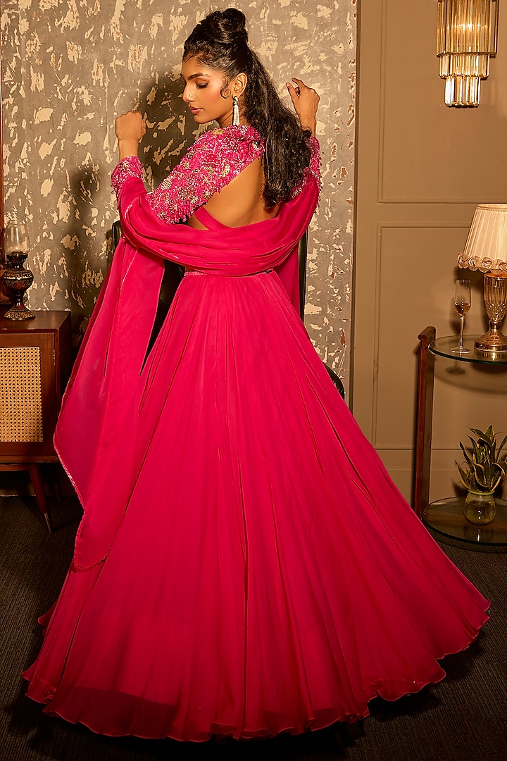 Fuchsia Pink Soft Organza Wedding Lehenga Set by Krishna Padia at Pernia's Pop Up Shop