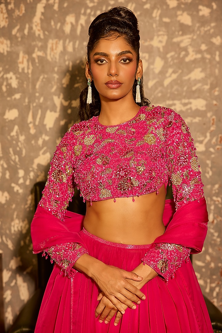 Fuchsia Pink Soft Organza Wedding Lehenga Set by Krishna Padia at Pernia's Pop Up Shop