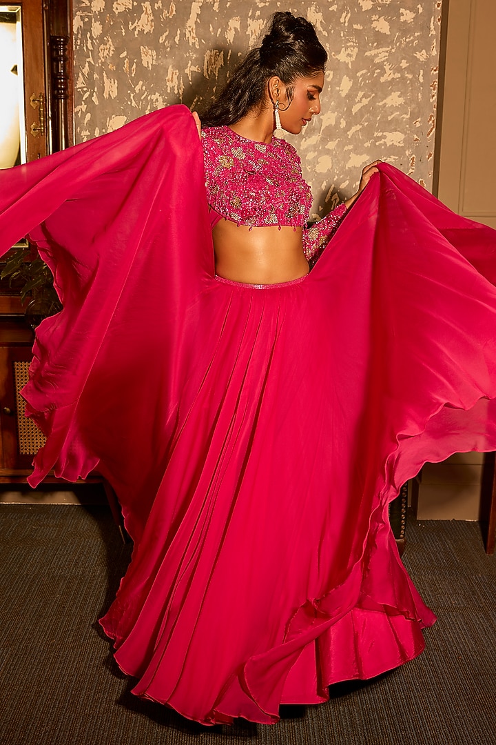 Fuchsia Pink Soft Organza Wedding Lehenga Set by Krishna Padia at Pernia's Pop Up Shop