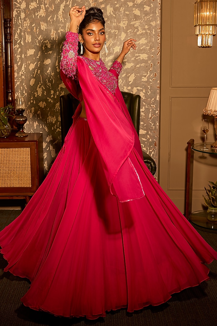 Fuchsia Pink Soft Organza Wedding Lehenga Set by Krishna Padia at Pernia's Pop Up Shop