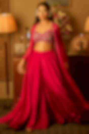 Fuchsia Pink Organza Embroidered Jacket Set by Krishna Padia at Pernia's Pop Up Shop