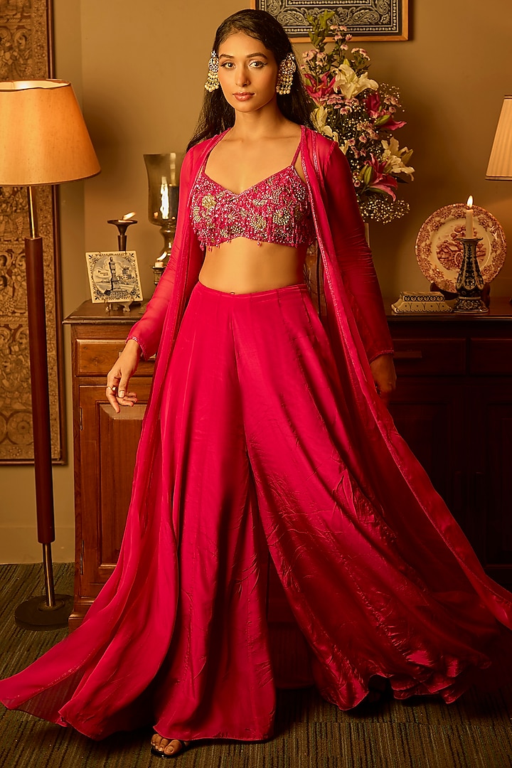 Fuchsia Pink Organza Embroidered Jacket Set by Krishna Padia at Pernia's Pop Up Shop