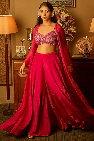 Fuchsia Pink Organza Embroidered Jacket Set by Krishna Padia