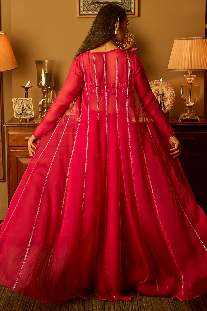Fuchsia Pink Organza Embroidered Jacket Set by Krishna Padia at Pernia's Pop Up Shop
