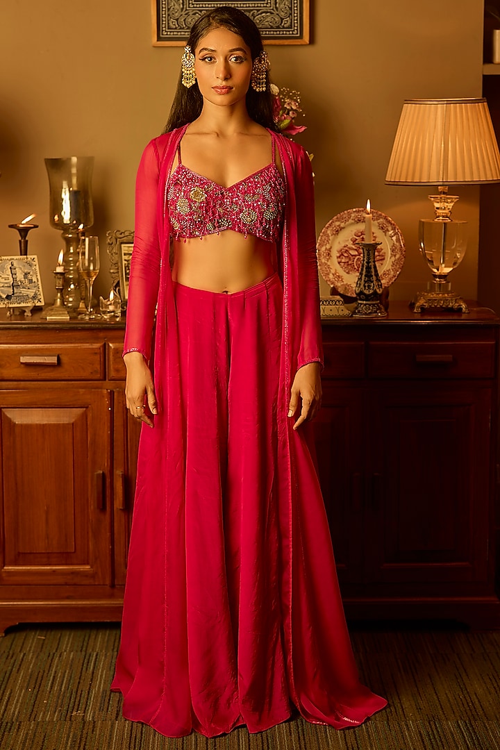 Fuchsia Pink Organza Embroidered Jacket Set by Krishna Padia at Pernia's Pop Up Shop