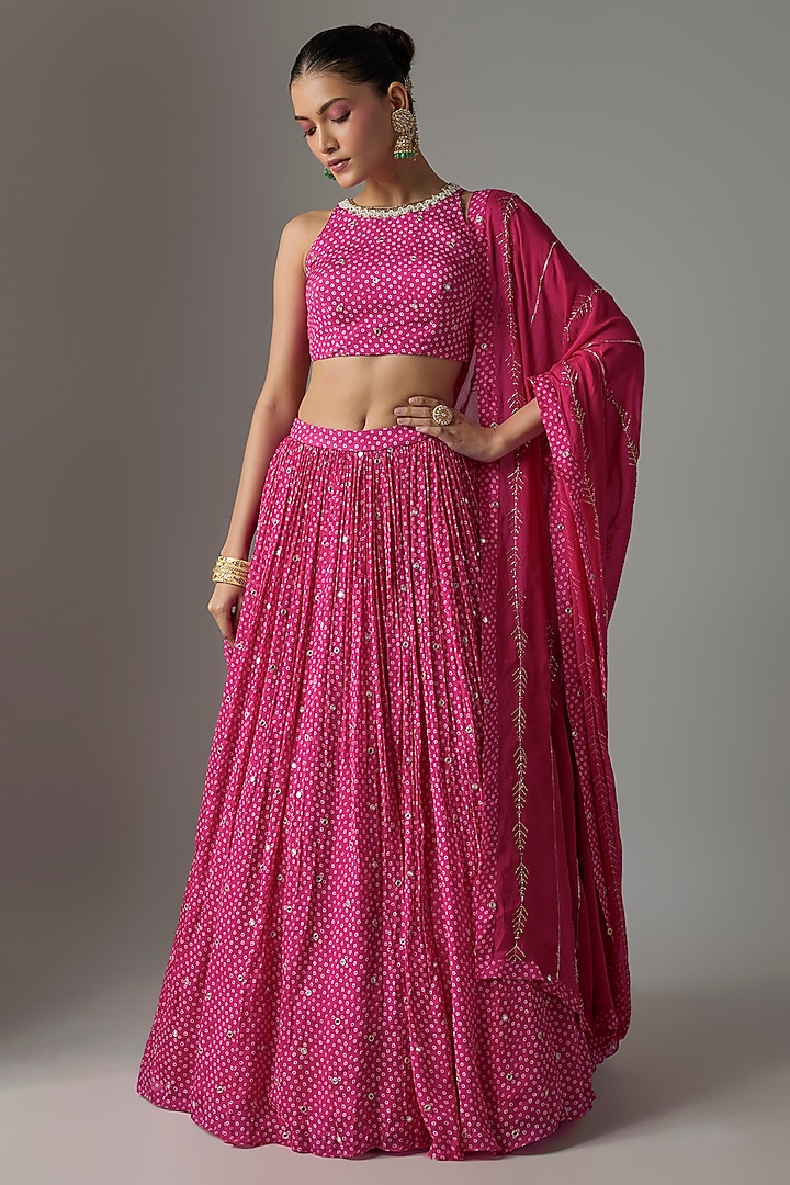 Pink Chinon Bandhani Printed Lehenga Set by Krishna Padia at Pernia's Pop Up Shop