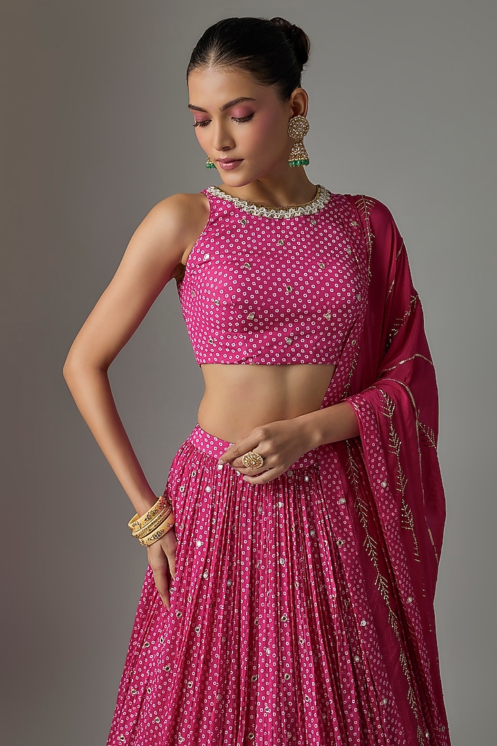 Pink Chinon Bandhani Printed Lehenga Set by Krishna Padia at Pernia's Pop Up Shop