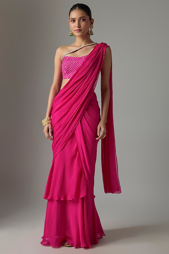 Pink Chinon Pre-Stitched Party Wear Saree Set by Krishna Padia at Pernia's Pop Up Shop