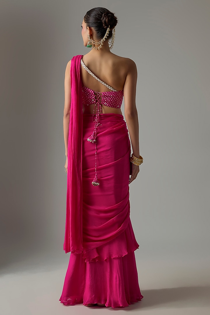 Pink Chinon Pre-Stitched Party Wear Saree Set by Krishna Padia at Pernia's Pop Up Shop