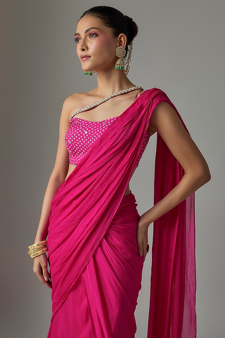 Pink Chinon Pre-Stitched Party Wear Saree Set by Krishna Padia at Pernia's Pop Up Shop