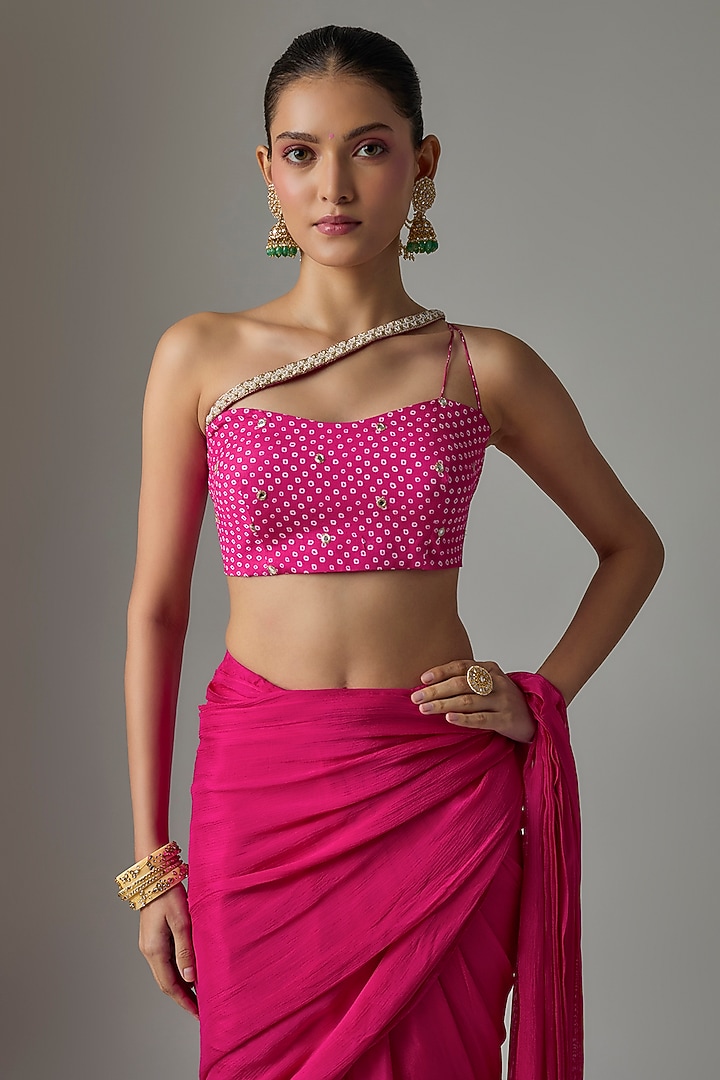 Pink Chinon Pre-Stitched Party Wear Saree Set by Krishna Padia at Pernia's Pop Up Shop