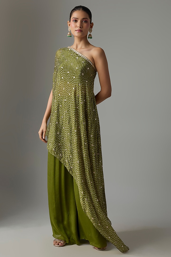 Mehendi Green Chinon Palazzo Set by Krishna Padia at Pernia's Pop Up Shop