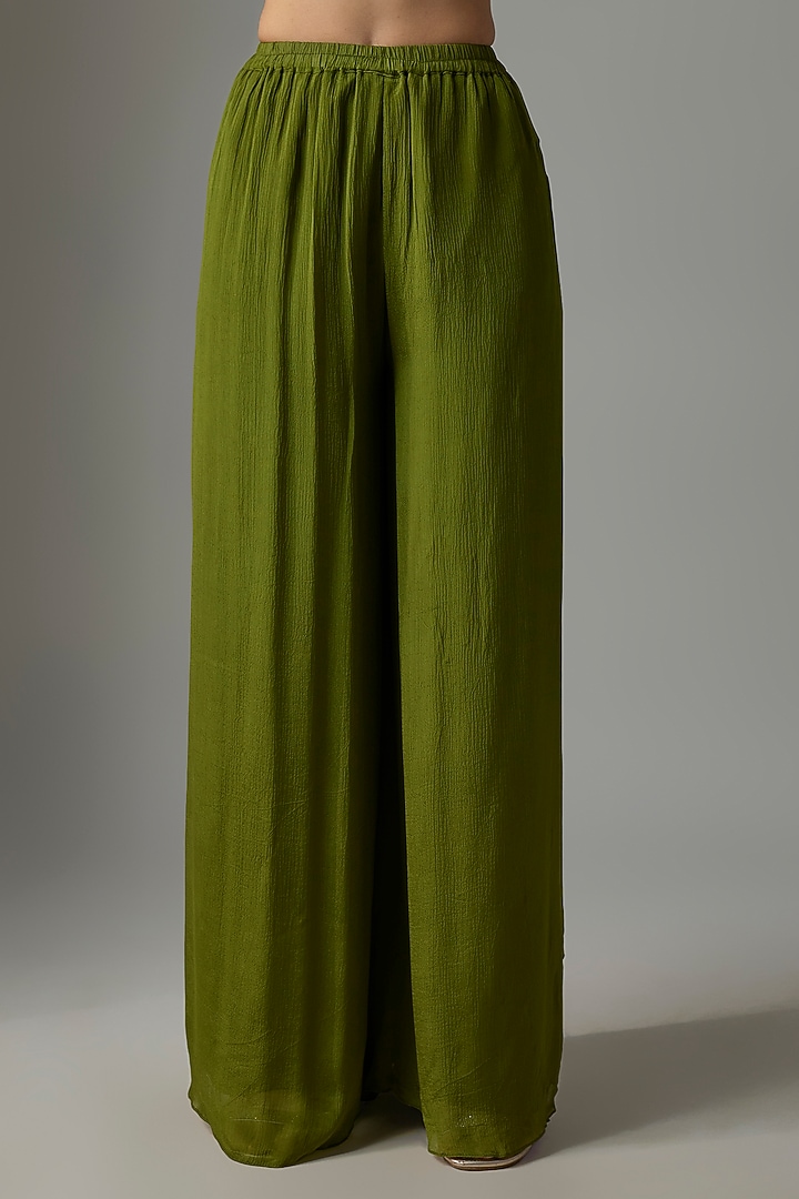Mehendi Green Chinon Palazzo Set by Krishna Padia at Pernia's Pop Up Shop