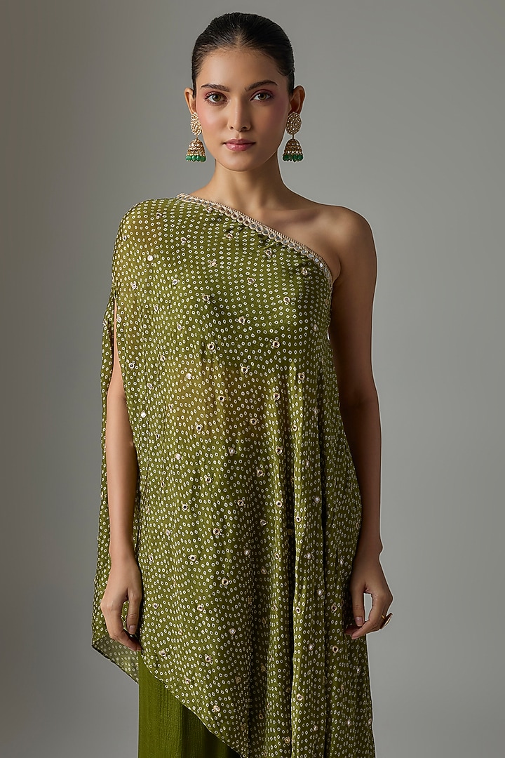 Mehendi Green Chinon Palazzo Set by Krishna Padia at Pernia's Pop Up Shop