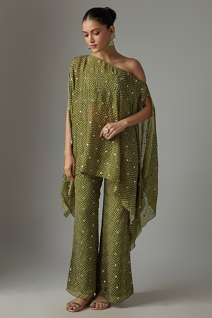 Mehendi Green Chinon Palazzo Set by Krishna Padia at Pernia's Pop Up Shop
