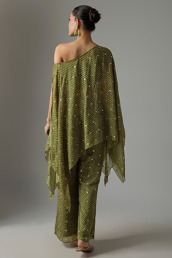 Mehendi Green Chinon Palazzo Set by Krishna Padia at Pernia's Pop Up Shop