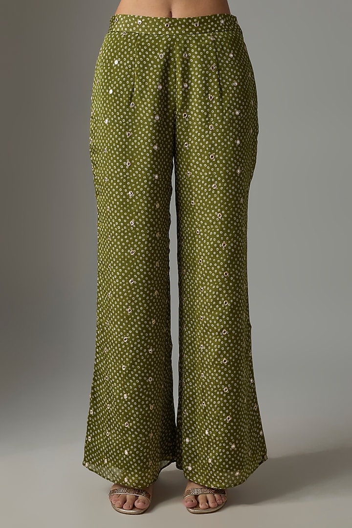 Mehendi Green Chinon Palazzo Set by Krishna Padia at Pernia's Pop Up Shop
