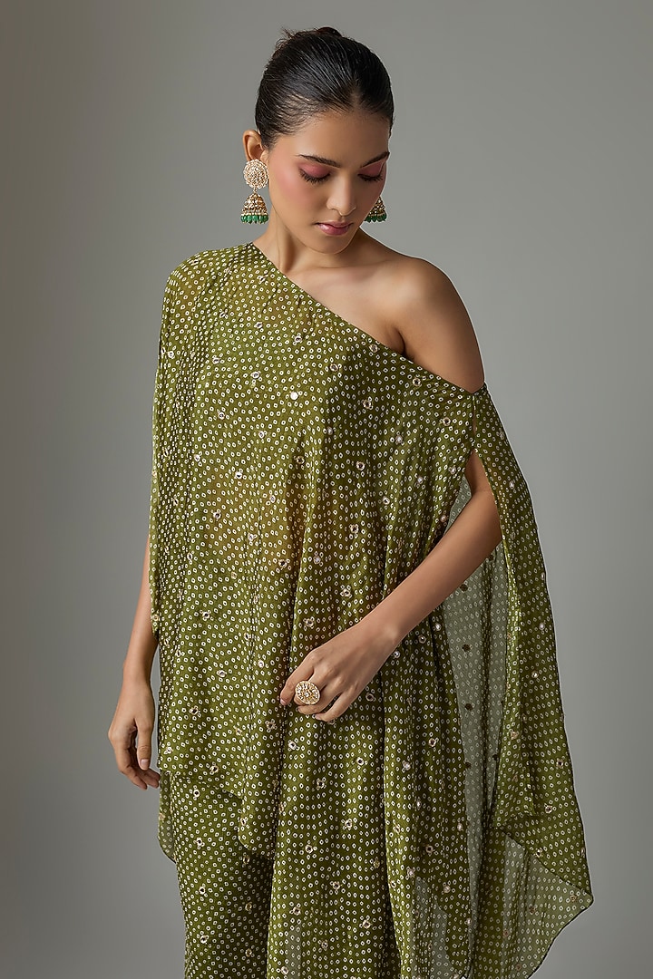 Mehendi Green Chinon Palazzo Set by Krishna Padia at Pernia's Pop Up Shop