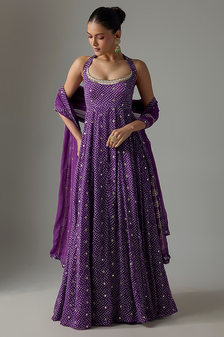 Purple Chinon Hand Embroidered Party Wear Anarkali Set by Krishna Padia at Pernia's Pop Up Shop
