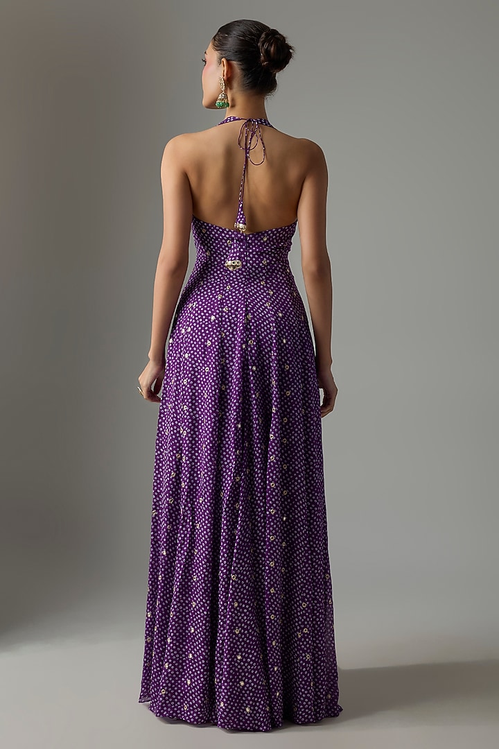 Purple Chinon Hand Embroidered Party Wear Anarkali Set by Krishna Padia at Pernia's Pop Up Shop