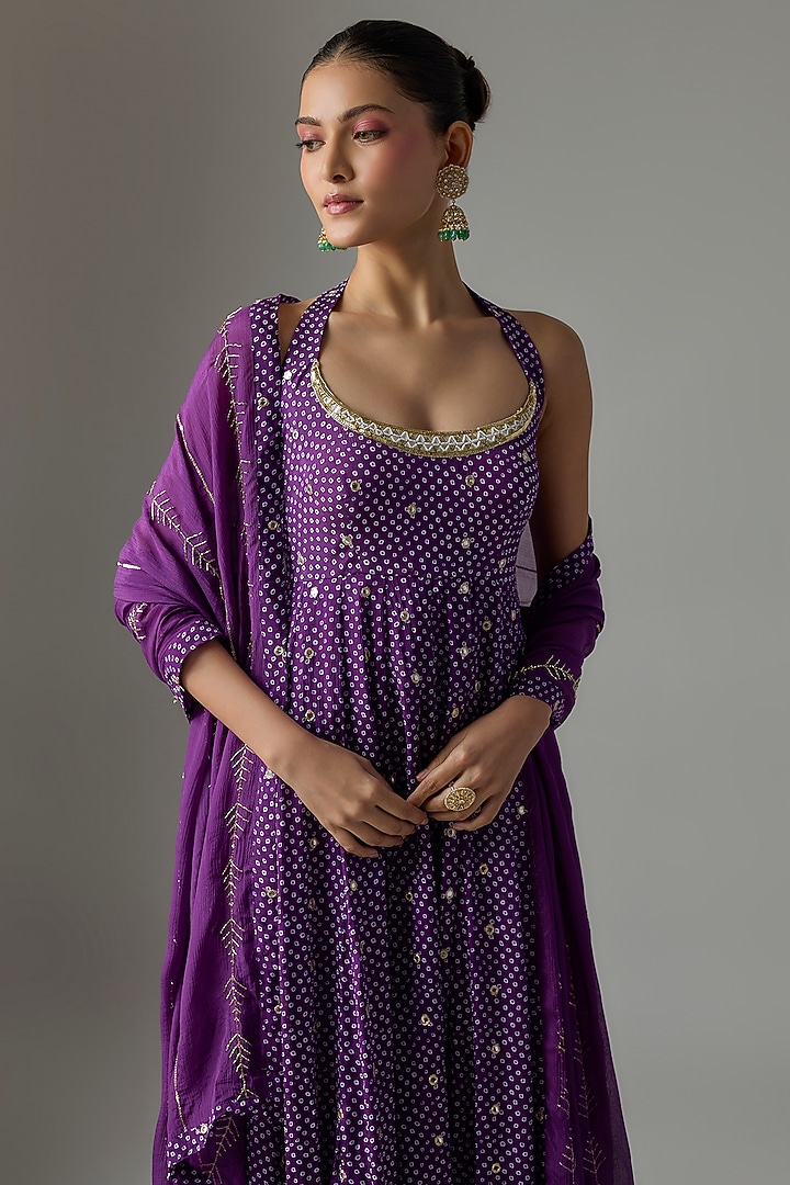 Purple Chinon Hand Embroidered Party Wear Anarkali Set by Krishna Padia at Pernia's Pop Up Shop