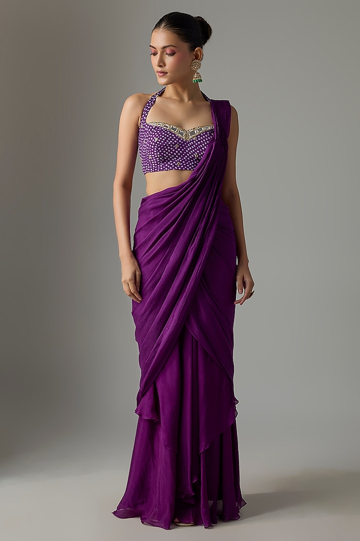 Purple Chinon Pre-Stitched Party Wear Saree Set by Krishna Padia at Pernia's Pop Up Shop