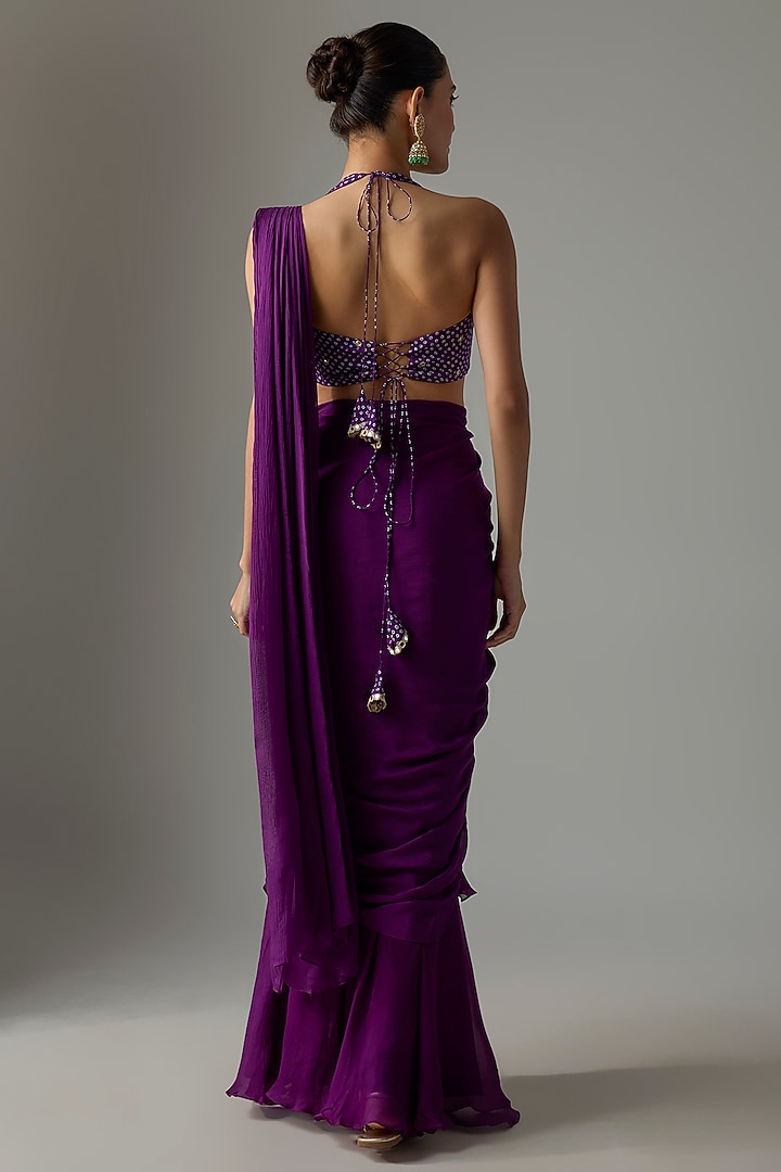 Purple Chinon Pre-Stitched Party Wear Saree Set by Krishna Padia at Pernia's Pop Up Shop